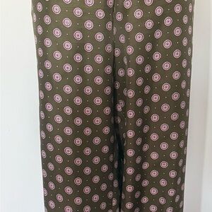 Banana Republic Silk Olive Wide-Leg Pants with Pink Medallion Print